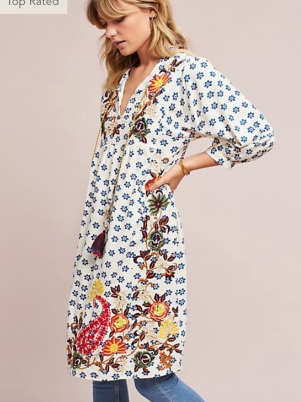 Velvet by Graham and Spencer Bohemian Emelie Floral Embroidered Midi Dress Tunic